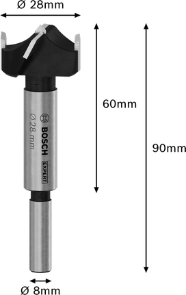 Broca para corte de dobradiças de madeira laminada Bosch EXPERT de 28 mm.